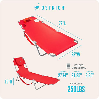Ostrich the Original Chaise 72 x 22 Inch Lounge Portable Reclining Lounger, Outdoor Patio, Beach, Lawn, Camping, or Pool Tanning Chair, Red