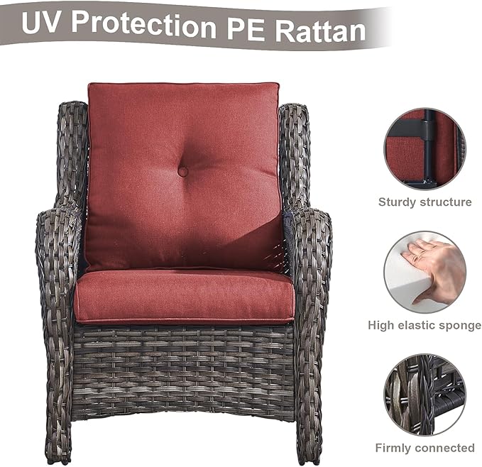 HUMMUH Patio Chairs Wicker Patio Dining Chairs Set of 2 PE Rattan Deep Seating Outdoor Chairs with 4 inch Seat Cushions (Grey/Red)