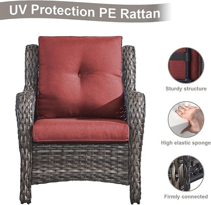 HUMMUH Patio Chairs Wicker Patio Dining Chairs Set of 2 PE Rattan Deep Seating Outdoor Chairs with 4 inch Seat Cushions (Grey/Red)