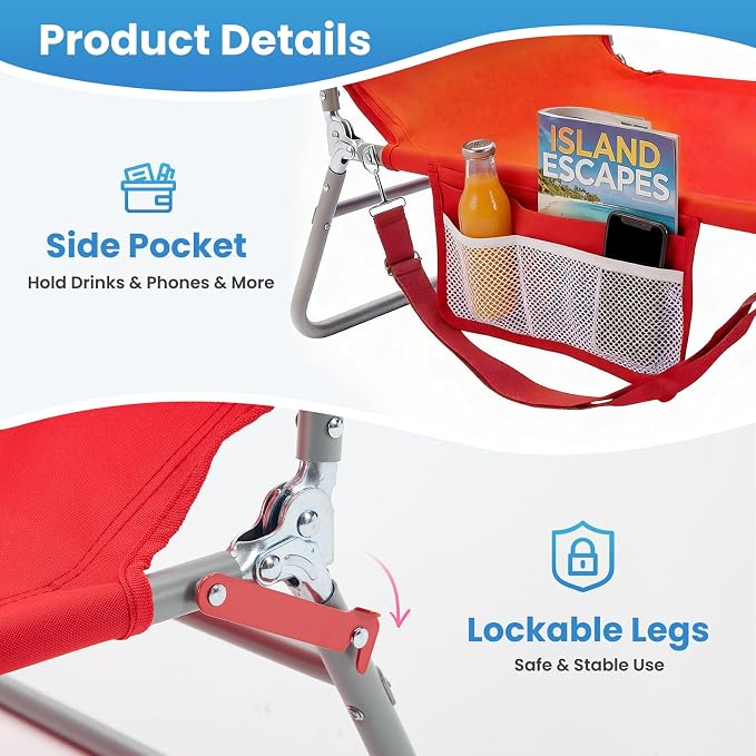 DUMOS Lounge Chair Outdoor, Beach Tanning Chair with Face Hole, Red | 5-Position Adjustable Sunbathing Tanning Chair, Foldable Portable Chaise Lounge by Pool Patio Lawn Camping Reading, Arm Hole