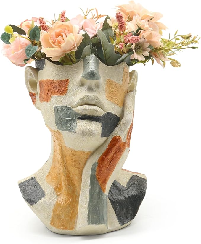 Lukitas Abstract Face Planter, Faux Sandstone Decorative Vase, Colorful Handcrafted Artistic Flower Plant Pot for Garden Patio Living Room, Resin 10.5''
