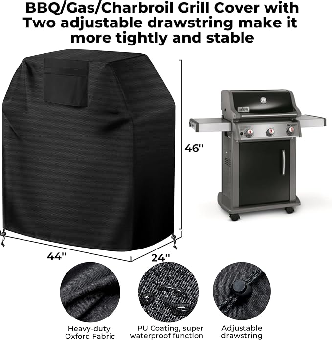 BBQ Gas Grill Cover 44 inch, Universal for 3-4 Burners BBQ/Gas/Charbroil Grill (44" Lx24 Wx46 H), Heavy-Duty and Weather-Resistant Oxford Fabric That Protect Grill All Seasons