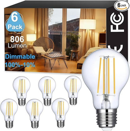 Vinaco A19 Dimmable LED Bulb 2700K Warm White, 6 PCS A19 Edison Bulb, 8W Equal 60W Clear Light Bulbs, Long Lasting 806LM Edison Bulbs E26 LED CRI85+ for Living Room, Chandelier
