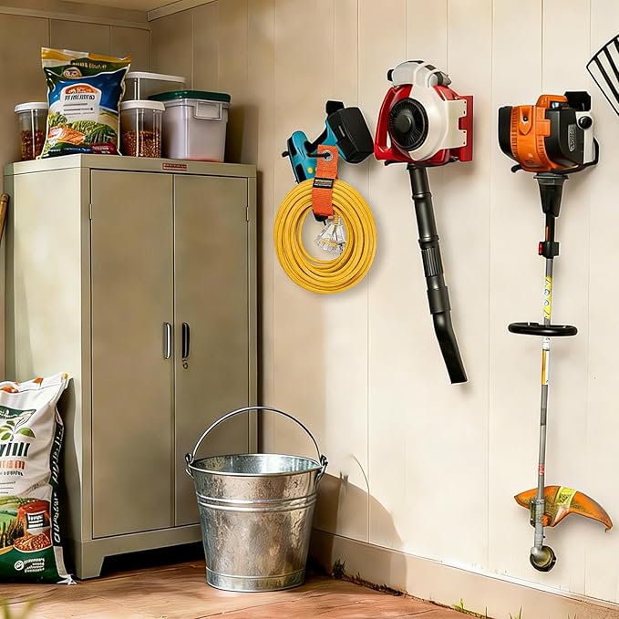 Heavy Duty Garden Power Tool Hanger, Garage Storage Utility Hooks with Storage Straps, Electric Tool Hooks, String Trimmer Hangers, Garden Tool Organizer, Weedeater Rack (4, Black)