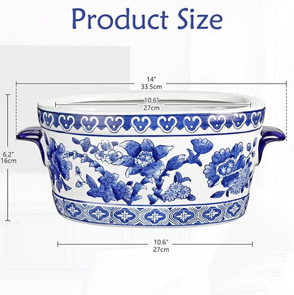 Blue and White Ceramic Planter Pot – Vintage Floral Oval Cachepot Vase for Indoor Plants, Flowers & Succulents – Glazed Chinese Porcelain Style Decorative Bowl –10.6" Size – No Drainage