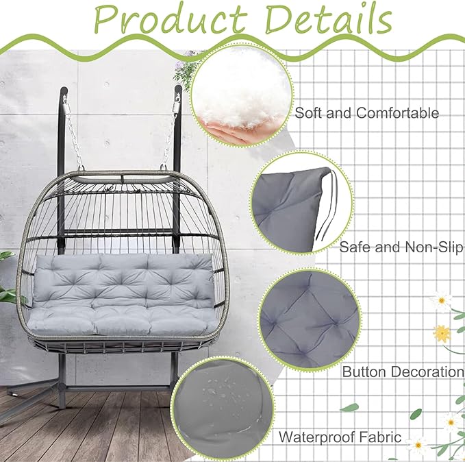 Swing Replacement Cushions with Backrest, 2 or 3 Seater Waterproof Non-Slip Overstuffed Swing Pad, Outdoor Bench Cushion for Porch Chair Swings Garden Furniture (Light Grey, 40 * 71 in)