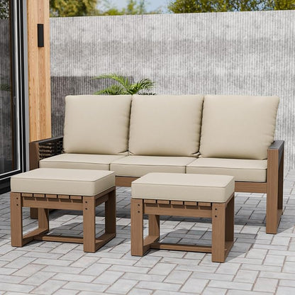 Rustic Hideaway Natural Cedar Wood Outdoor Furniture Set, Wicker Patio Conversation Set for Porch Garden Backyard, Couch and 2 Ottomans, 3 Piece, Brownish/Beige