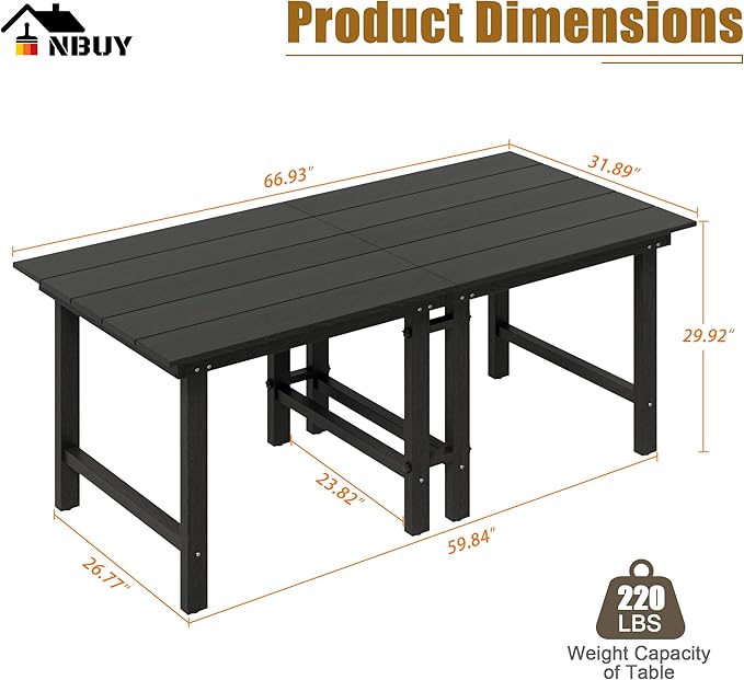 Anbuy Patio HDPE Dining Table Sets,Removable 2-in-1 Outdoor Patio Table,Dining Table for 6,Sun-Resistant and Easy to Clean, Low Maintenance for Balcony, Backyard, Lawn, Garden(Black)