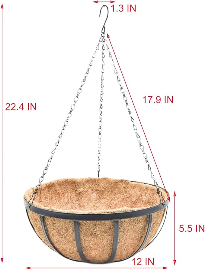 12 Inch Metal Hanging Planter Basket with Coconut Fiber Liner Hanging Plant Flower Pot for Home Garden Patio Decoration,Metal Flat Iron Pattern, 2 Pack