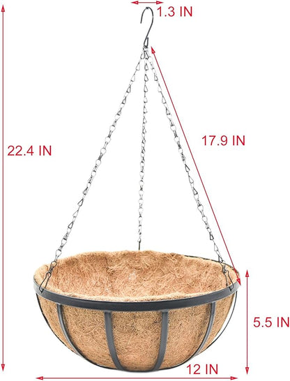 12 Inch Metal Hanging Planter Basket with Coconut Fiber Liner Hanging Plant Flower Pot for Home Garden Patio Decoration,Metal Flat Iron Pattern, 2 Pack