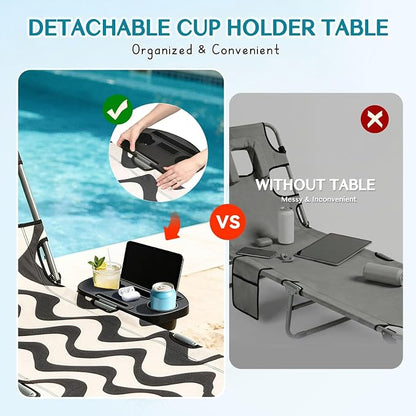 Tanning Chair with Face Hole for Adults, Outdoor Folding Lounge Chair with Canopy and Side Table for Phone Drink Tablet, 4 Position Adjustable Backrest, Lay Flat Chaise Lounger for Beach Patio Pool
