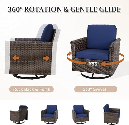 Canyon Ridge 3 Piece Outdoor Patio Bistro Set with Swivel Rocking Chairs and Side Table, Outdoor Furniture Set, Brown/Blue