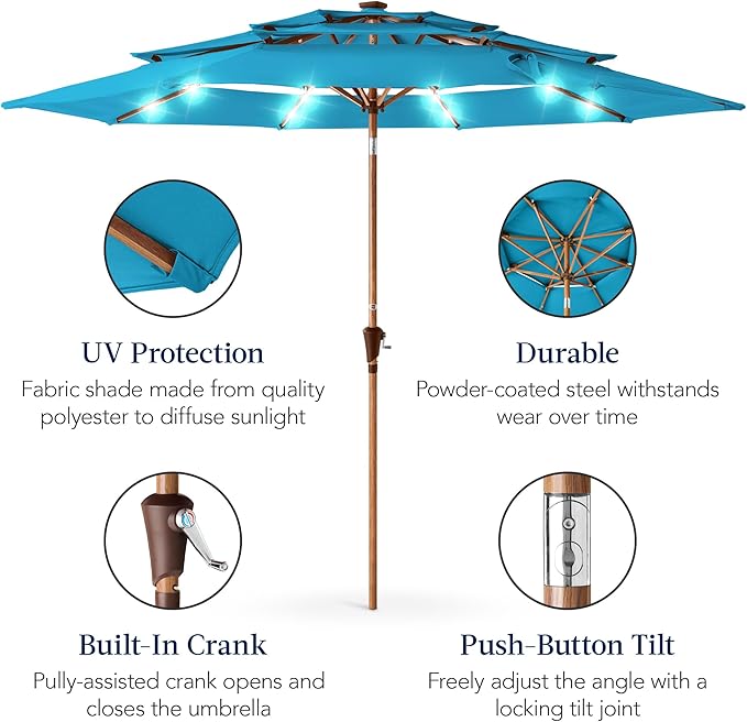 Best Choice Products 10ft 3-Tier Solar Patio Market Umbrella, Outdoor Sun Shade for Backyard, Deck, Poolside, Table w/Woodgrain Pattern, LED Lights, Tilt Adjustment - Sky Blue