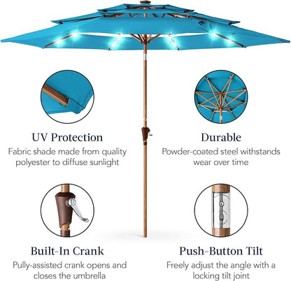 Best Choice Products 10ft 3-Tier Solar Patio Market Umbrella, Outdoor Sun Shade for Backyard, Deck, Poolside, Table w/Woodgrain Pattern, LED Lights, Tilt Adjustment - Sky Blue