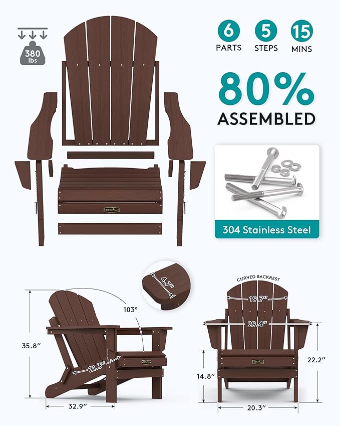 SERWALL Folding Adirondack Chair Set of 4 for Patio Garden Outdoors Fire Pit- Coffee