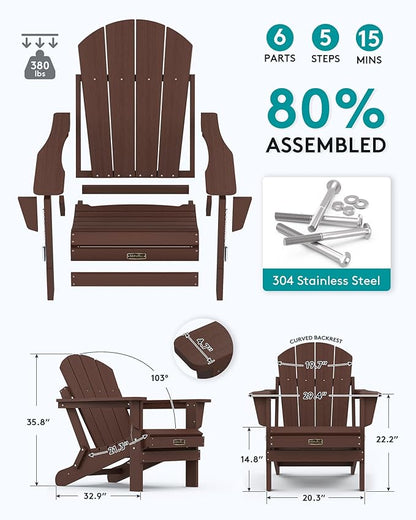 SERWALL Folding Adirondack Chair Set of 4 for Patio Garden Outdoors Fire Pit- Coffee