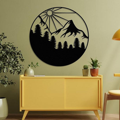 Sunlit Mountain Forest Landscape Metal Wall Art, Round Nature-Inspired Decor for Living Room, Bedroom, Patio, or Outdoor Spaces, Minimalist Pine Tree and Mountain Scenery Design, Rustic Home Accent for Nature Lovers (32 x 32 inches)