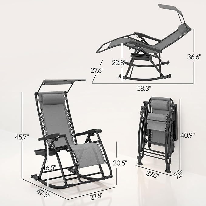 Outsunny Set of 2 Outdoor Rocking Chairs, Foldable Reclining Zero Gravity Lounge Rocker with Pillow, Cup & Phone Holder, Combo Design with Folding Legs, Gray