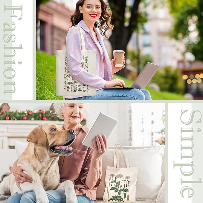 4 Pieces Floral Canvas Tote Bag for Women Book Club Gifts Cute Aesthetic Canvas Bags Bulk Flower Reusable Grocery Shopping Bag Aesthetic for Women