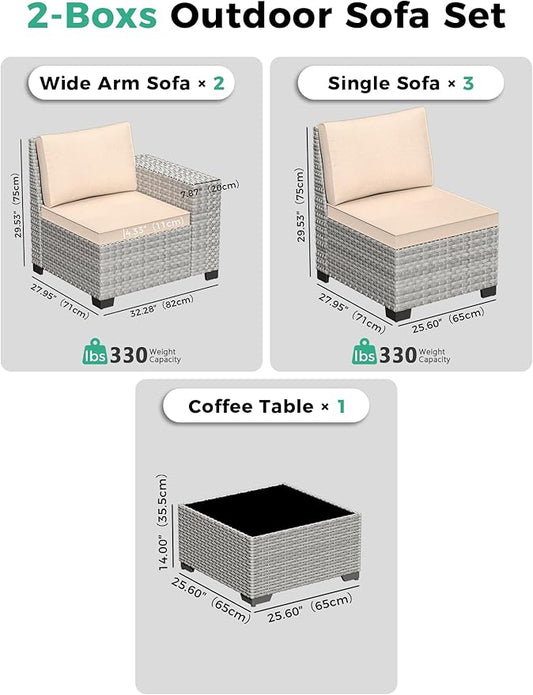 6 Piece Outdoor Wicker Rattan Sectional Sofa Set, 5-Seats Patio Furniture Conversation Set with 4" Thickened Cushions & Coffee Table, All-Weather PE Rattan for Garden, Backyard, Porch, Beige