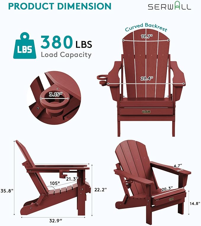 SERWALL Folding Adirondack Chair Outdoor Adirondack Chairs Weather Resistant Fire Pit Chairs for Patio - Red