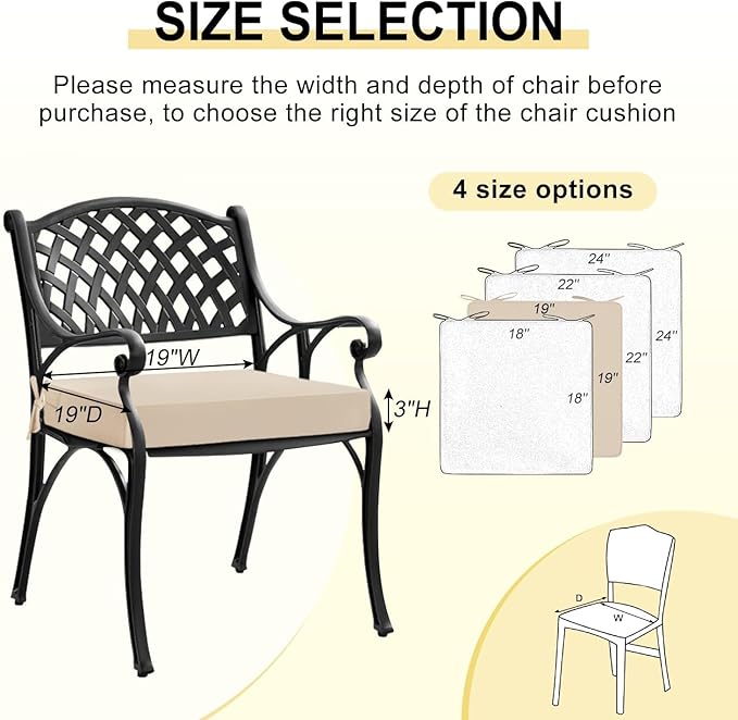 downluxe Waterproof Outdoor Chair Cushions Set of 2, 19" x 19" x 3" Patio Chair Cushion with Non-Slip Ties & Handle, Square Outdoor Cushion for Patio Furniture with Removable Cover, Beige