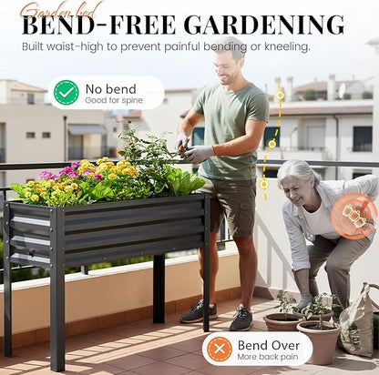 KING BIRD Raised Garden Bed with Legs & Water Storage Tank Galvanized Elevated Planter Box 48×17×31.5 in for Backyard, Patio, Balcony, 300lb Capacity, Dark Grey