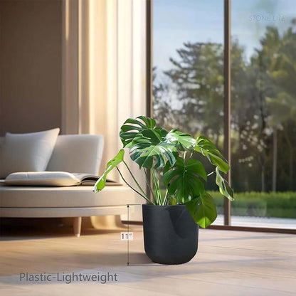 11" H Modern Cylinder Planter, Lightweight Weather & UV Resistant Plastic Plant Pot with Drainage Hole & Rubber Plug, Indoor Outdoor Flower Pot for Home, Garden & Office, Coal Black, 10.4" Pot Opening