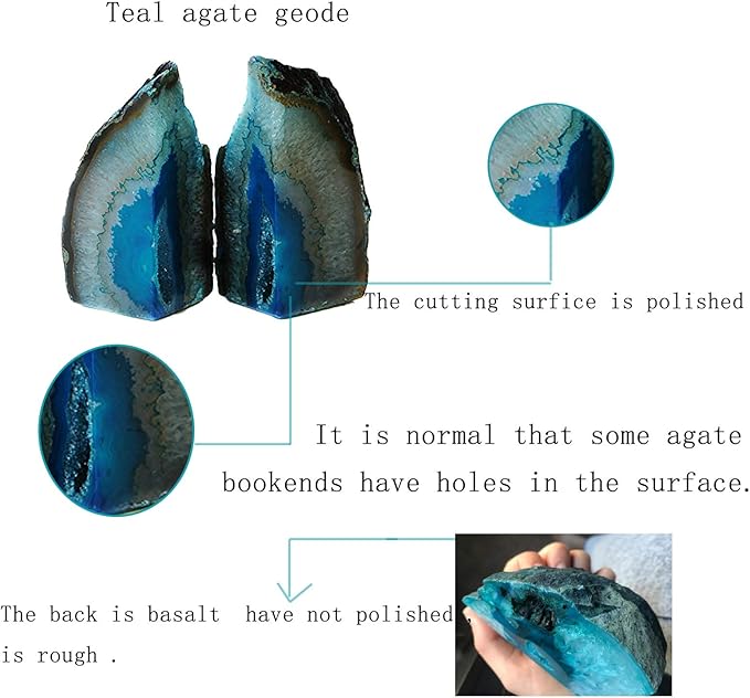 JIC Gem Teal Agate Bookends Heavy Duty Book Ends for Shelves Geode Book Ends with Rubber Bumpers for Office Décor and Home Decoration(1 Pair, 2-3 LBS)