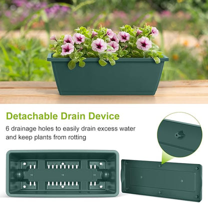 ETELI 6 Pack Deck Railing Planter Boxes with Adjustable Metal Hanging Brackets, Indoor Outdoor Hanging Window Boxes Planters with Drainage Tray for Patio, Lawn, Green & Black