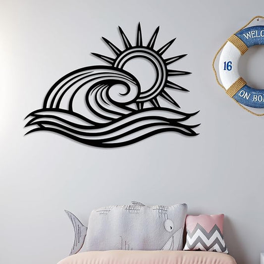 Wita Home Ocean Wave Metal Wall Art, Sun Beach Decor, Coastal Large Wall Sculpture for Home, Indoor/Outdoor Use, Nautical Wall Hanging, Eye-Catching Addition to Living Room (Gold, 24 x 14 inches)