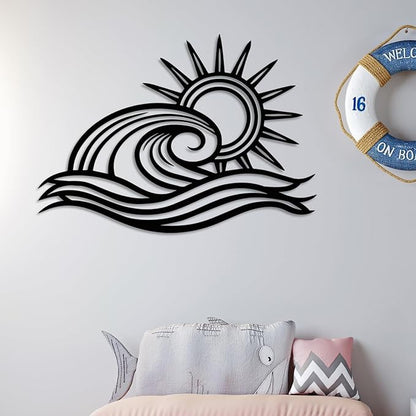 Wita Home Ocean Wave Metal Wall Art, Sun Beach Decor, Coastal Large Wall Sculpture for Home, Indoor/Outdoor Use, Nautical Wall Hanging, Eye-Catching Addition to Living Room (Red, 32 x 19 inches)