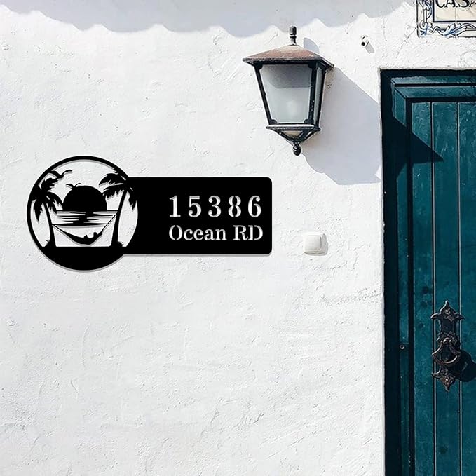 Custom Beach House Metal Sign,Beach Sunset Personalized Last Name Sign Wall Art,Custom Home Address Numbers Plaque,Street Address Wall Hanging for Door Plate Swimming Pool Numbers Letters Wall Decor