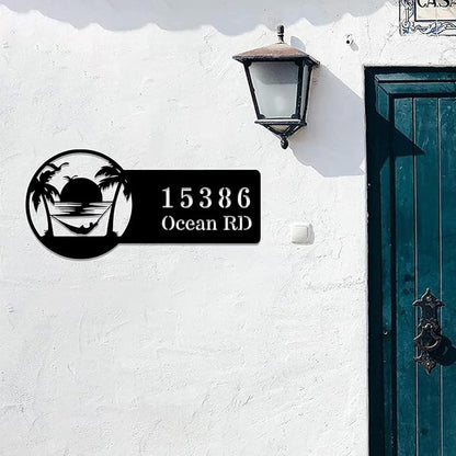 Custom Beach House Metal Sign,Beach Sunset Personalized Last Name Sign Wall Art,Custom Home Address Numbers Plaque,Street Address Wall Hanging for Door Plate Swimming Pool Numbers Letters Wall Decor