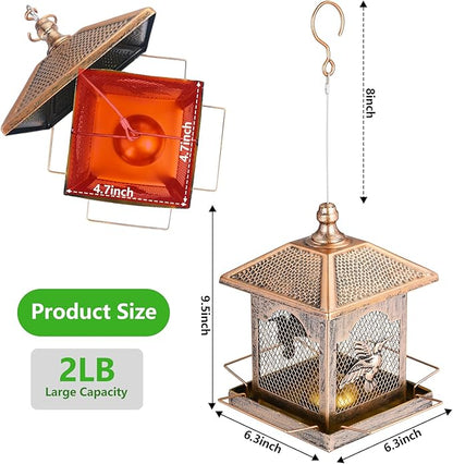 LBTING Bird Feeder for Outside, Metal Square Lantern-Shaped Bird Feeder with Polka Dot Patterned Roof, Wild Bird Feeders for Hanging Outdoor Garden Yard