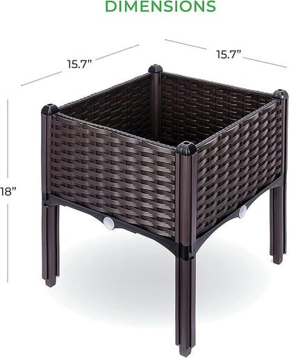 Raised Garden Planter, Resin, Elevated Flower Bed Box Kit for Vegetable, Flower, Herb Gardening | 16" X 18", Wicker Pattern, Brown
