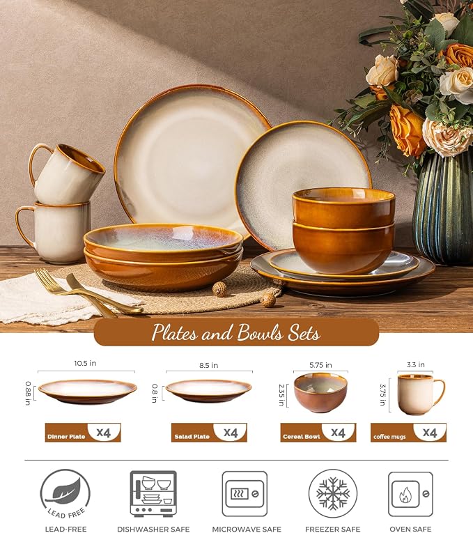 LERATIO Ceramic Dinnerware Sets for 4,16-Piece Reactive Glaze Plates and Bowls Set with Mugs,Highly Chip and Crack Resistant | Dishwasher,Microwave & Oven Safe Dishes set-Kahki