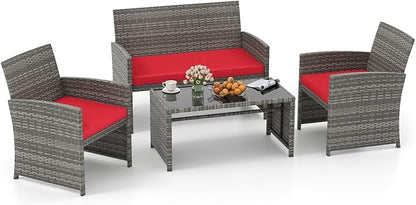 Tangkula 4 Piece Patio Wicker Furniture Set, Outdoor Heavy Duty Rattan Cushioned Chairs, Loveseat and Tempered Glass Coffee Table, for Backyard, Balcony, Poolside