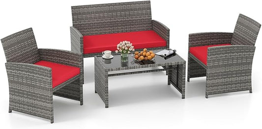Tangkula 4 Piece Patio Wicker Furniture Set, Outdoor Heavy Duty Rattan Cushioned Chairs, Loveseat and Tempered Glass Coffee Table, for Backyard, Balcony, Poolside