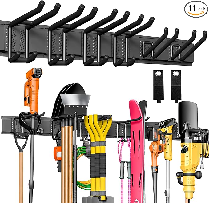 Garage Tool Organizer Wall Mount, 48" Heavy-Duty Metal Wall Organizer, 3 Rails with 6 Adjustable Hooks, Garden Storage Rack for Organization Sturdy Tool Hanging Holder for Shovel Shed Yard