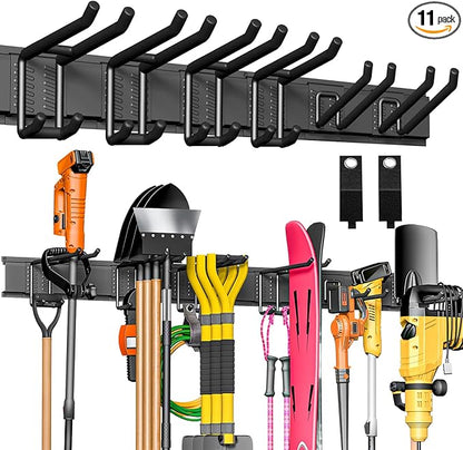 Garage Tool Organizer Wall Mount, 48" Heavy-Duty Metal Wall Organizer, 3 Rails with 6 Adjustable Hooks, Garden Storage Rack for Organization Sturdy Tool Hanging Holder for Shovel Shed Yard
