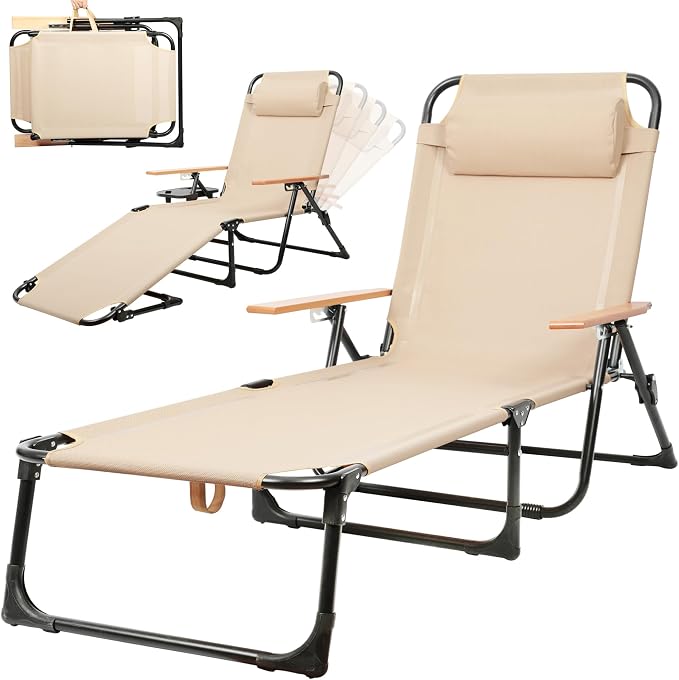 Outdoor Chaise Lounge Chair with 4-Position Adjustable Backrest, Patio Folding Sun Tanning Chair, Pillow & Cup Holder, Portable Recliner Sunbathing Lounger Chairs for Pool Beach Lawn Garden (Beige)