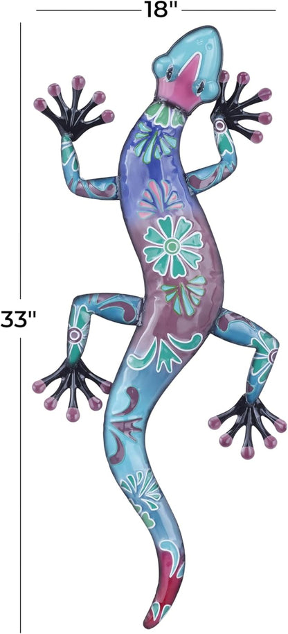Deco 79 Metal Lizard Indoor Outdoor Floral Patterned Wall Decor with Purple and Teal Accents, 18" x 3" x 33", Blue