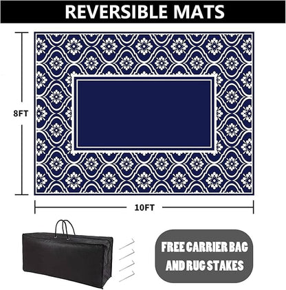 HUGEAR Outdoor Rug 8x10 Patio Camping Carpet Waterproof Mat Blue Outside Plastic Area Rug Reversible Rugs for RV Deck Entryance Porch Picnic Balcony Beach(8x10ft Navy Blue&White)