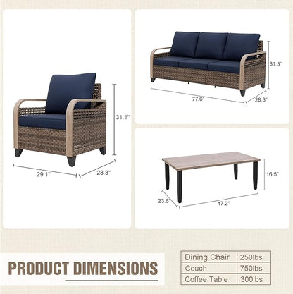 Modern Wicker Patio Furniture Set, Rattan Outdoor Conversation Set with Comfortable Cushions, 2 Patio Chairs, 3 Seat Couch and Coffee Table, 4 Pieces, Brown/Blue