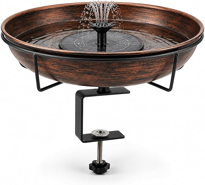Deck Mounted Bird Bath with Solar Fountain Heavy Duty Metal Birdbath Bowl 1.45 Gallon 3.54" Adjustable Railing Clamp All Weather Outdoor Bird Feeder for Patio Fence Balcony Backyard