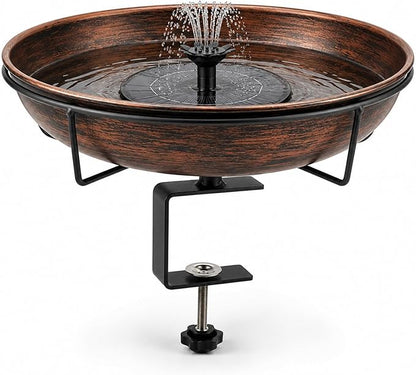 Deck Mounted Bird Bath with Solar Fountain Heavy Duty Metal Birdbath Bowl 1.45 Gallon 3.54" Adjustable Railing Clamp All Weather Outdoor Bird Feeder for Patio Fence Balcony Backyard