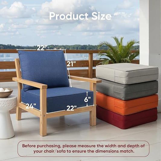 Outdoor Chair Cushion, 6 inch Thick Outdoor Cushions for Patio Furniture, 22x24 Waterproof Patio Chair Cushions, Include 1 Seat Cushion & 1 Back Pillow, Thick/Blue