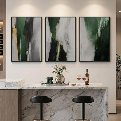 Large Framed Green Abstract Wall Art for Living Room, 3 Piece Modern Canvas Prints Paintings Artwork for Walls, Green Black Gold Abstract Pictures for Hallway Dining Bedroom Office Wall Decor 24x36 In