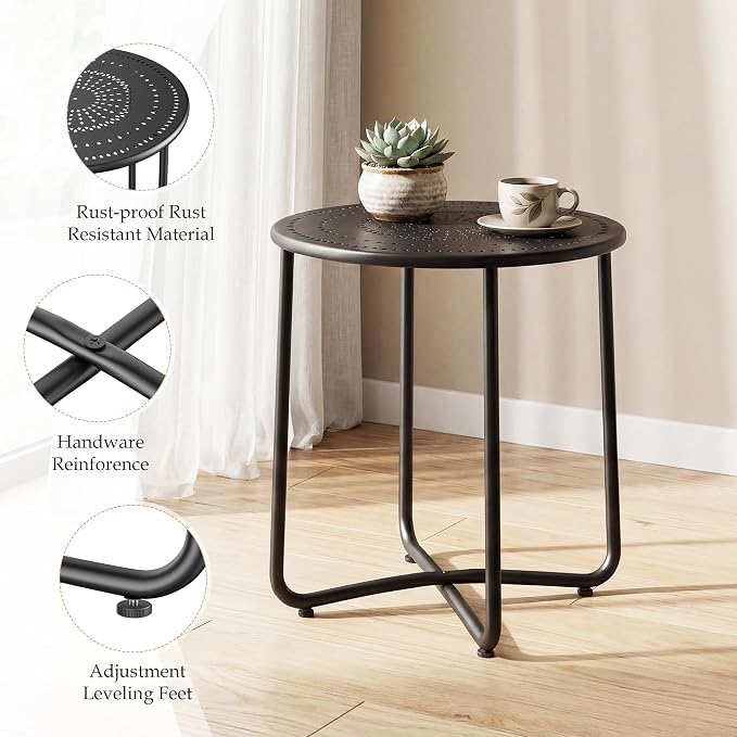 Outdoor Side Table, Small Patio Table Waterproof Round Metal Weather Resistant Outside End Table for Balcony Bistro Porch Yard Garden Patio, Black